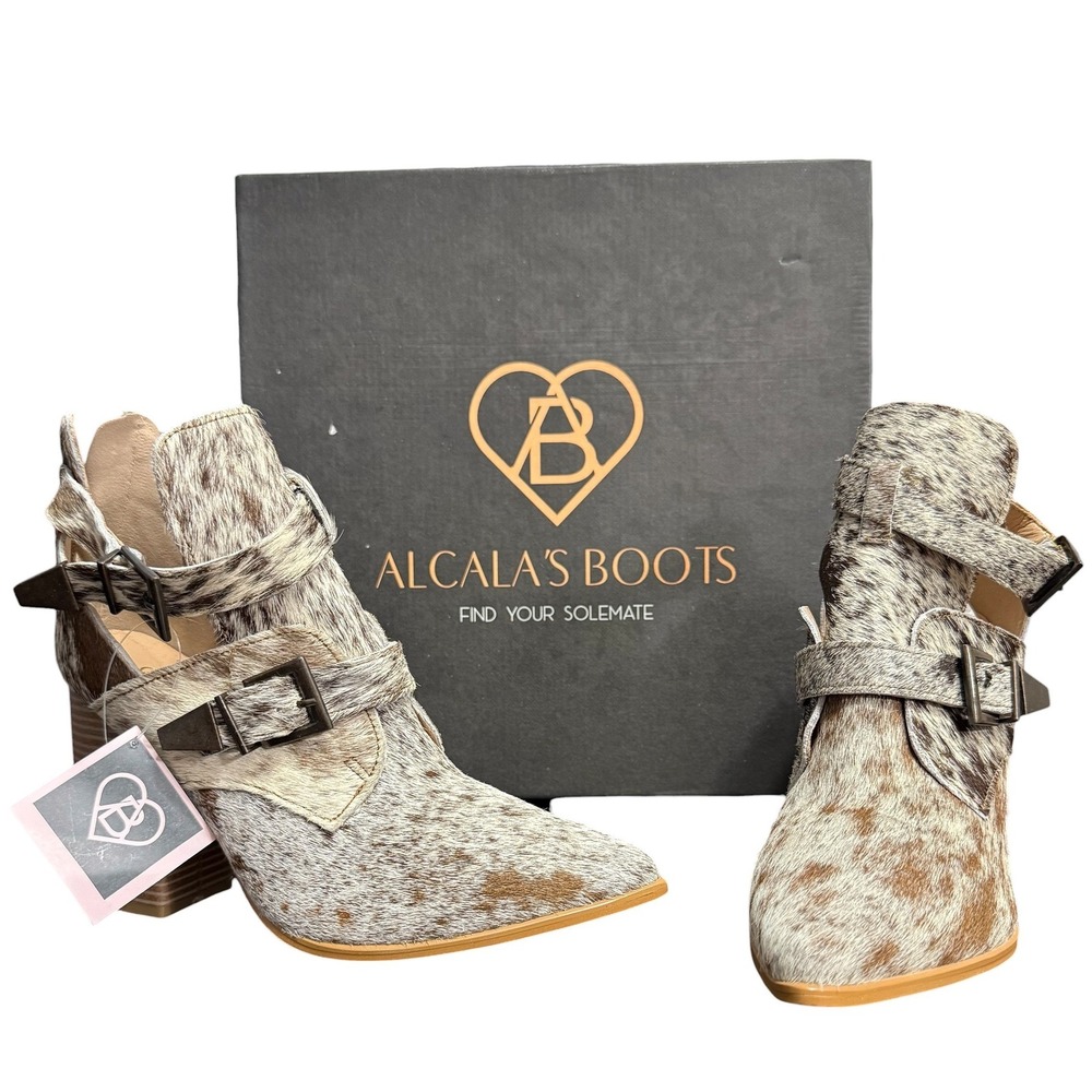NWT Alcala's Boots Matt Cowhair Brown Animal Print Buckle Ankle Booties Womens 8